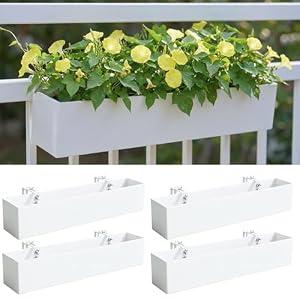 LaLaGreen Planter Boxes Outdoor (30 Inch, 4 Pack) White Metal Rectangular Railing Flower Box with Brackets, Large Planters for Deck Railings Fence Balcony Patio Porch Rail Garden Decor Plant Holder