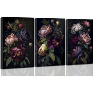 3 Pcs Moody Floral Canvas Wall Art Vintage Dark Peony Flowers Botanical Still Life Painting Picture Wall Decor Poster Print Artwork for Living Room Bedroom Women Room Home Decoration (24L" x 16W")