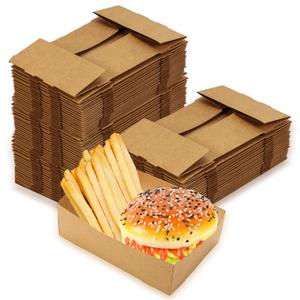 Nexboraque 100 Pack Disposable Paper Trays, Rectangular Kraft Food Containers Foldable Boxes, 4 Corner Pop Up Cardboard Food Trays for Fast Food, Nacho, Snack, Stadiums, Theaters, Brown