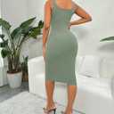 Women's Summer Dresses Button Front Ribbed Bodycon Tank Dress Square Neck Sleeveless Casual Midi Dress Green (Green, M)