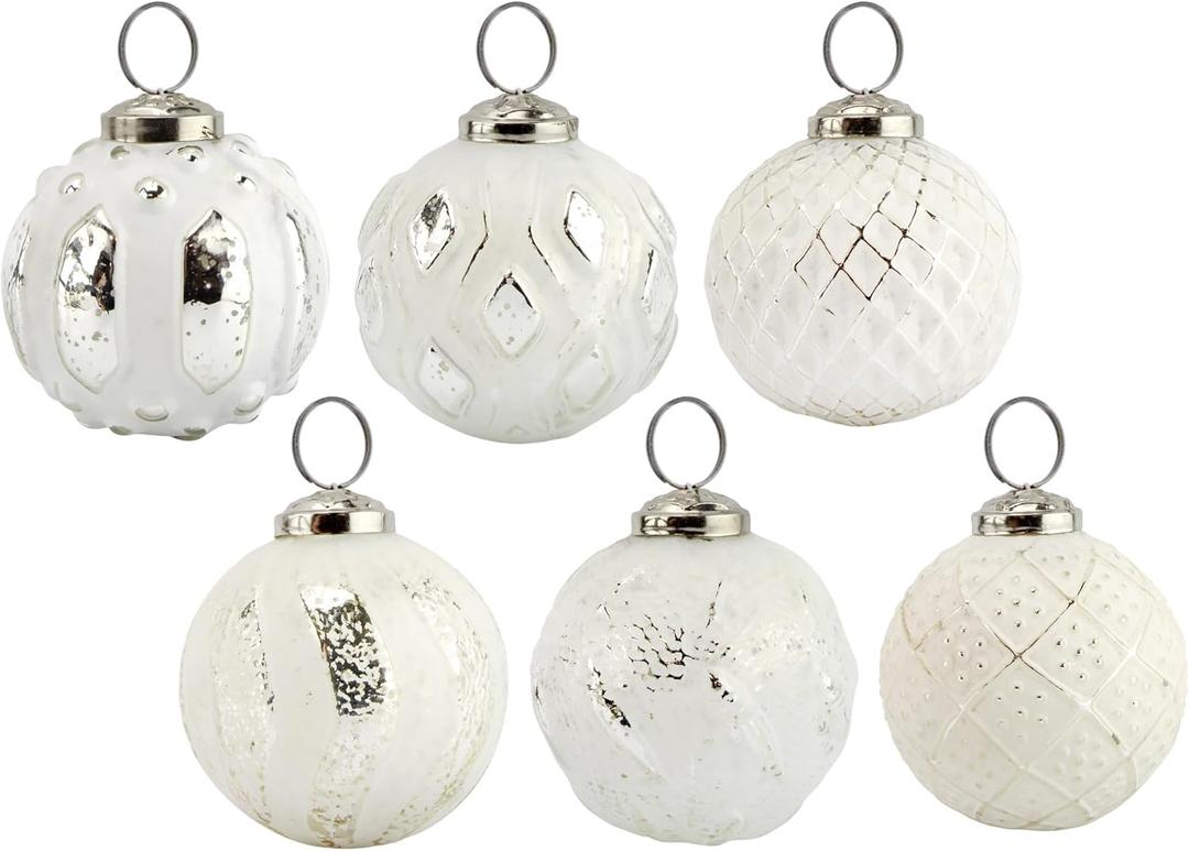 AuldHome Design Farmhouse Ball Ornaments (Set of 6, White); Distressed Metal Glass Ball Vintage Style Christmas Decorations