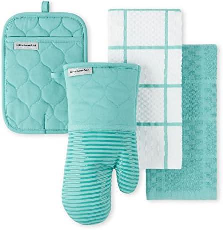 KITCHENAID Quilted Cotton Terry Cloth Oven Mitt, Pot Holder, Kitchen Towel 4-Pack Set, Heat Resistant, Silicone Grip, 16"x26", 7"x13" & 7"x10", Aqua Sky