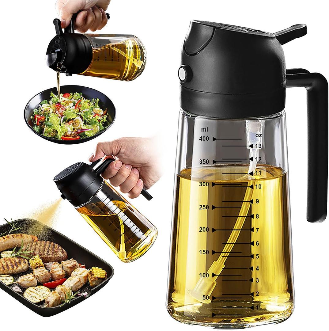 TrendPlain 16oz/470ml Glass Olive Oil Sprayer for Cooking  2 in 1 Olive Oil Dispenser Bottle for Kitchen Gadgets and Air Fryer Accessories, Salad, BBQ - Black