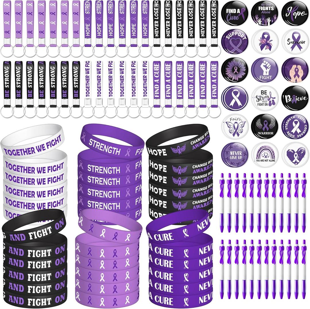 WATINC Ribbons Awareness Accessories Kits - 144PCS Purple Ribbon Week Awareness Set 36 Silicone Bracelets 36 Rubber Keychains 36 Button Pins 36 Pens Gifts for Charity Events Party (Purple Ribbon Week)