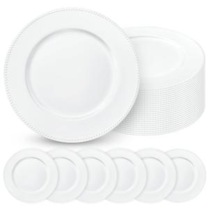 24 Pcs White Charger Plates with Beaded 13 Inch Plastic Charger Plates for Dinner Plate, White Chargers for Table Setting, Round Chargers Plate for Wedding Party Holiday Event Tabletop Decor
