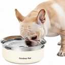 Gardner Pet Slow Water Bowl for Dogs, 2L/68oz Spill-Proof Pet Water Bowl with Floating Disk, Stainless Steel No-Spill Water Dispenser for Medium Pets (White)