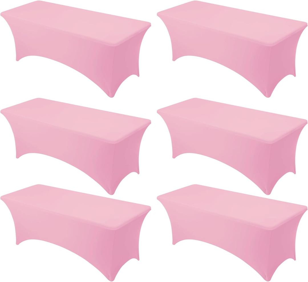 6-Pack Premium Pink Spandex Tablecloths for 8ft Rectangle Tables, Stain & Wrinkle-Resistant, Washable Stretch Polyester Fitted Table Cover for Weddings, Banquets, Trade Shows Events