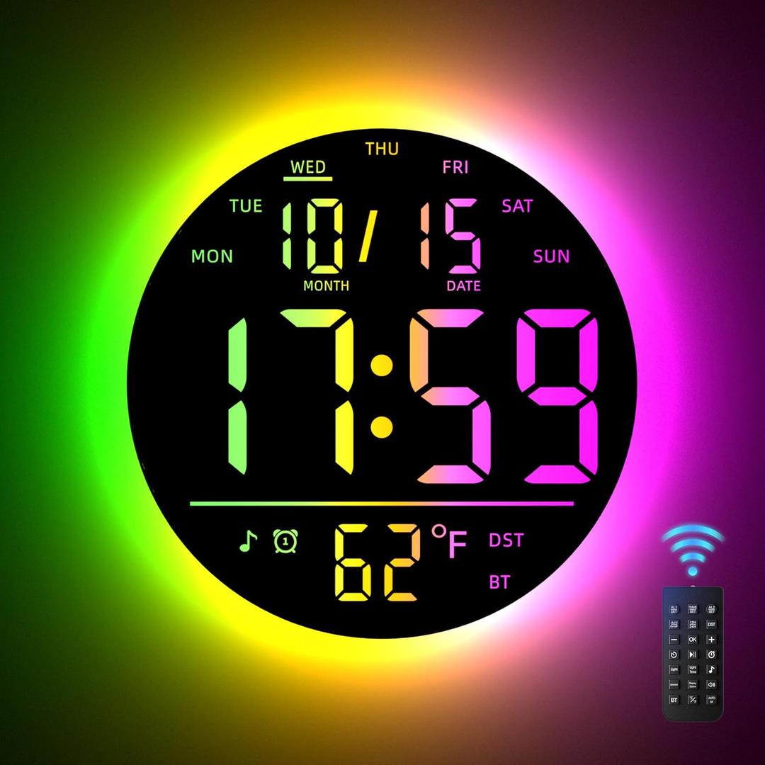 EASYERA 10" Large Digital Wall Clock with Remote Control, Music Sync RGB Atmosphere Light, Low-Reflectivity, Temperature, LED Display, Dual Alarms, BT Sync, Auto DST for Bedroom and Classroom
