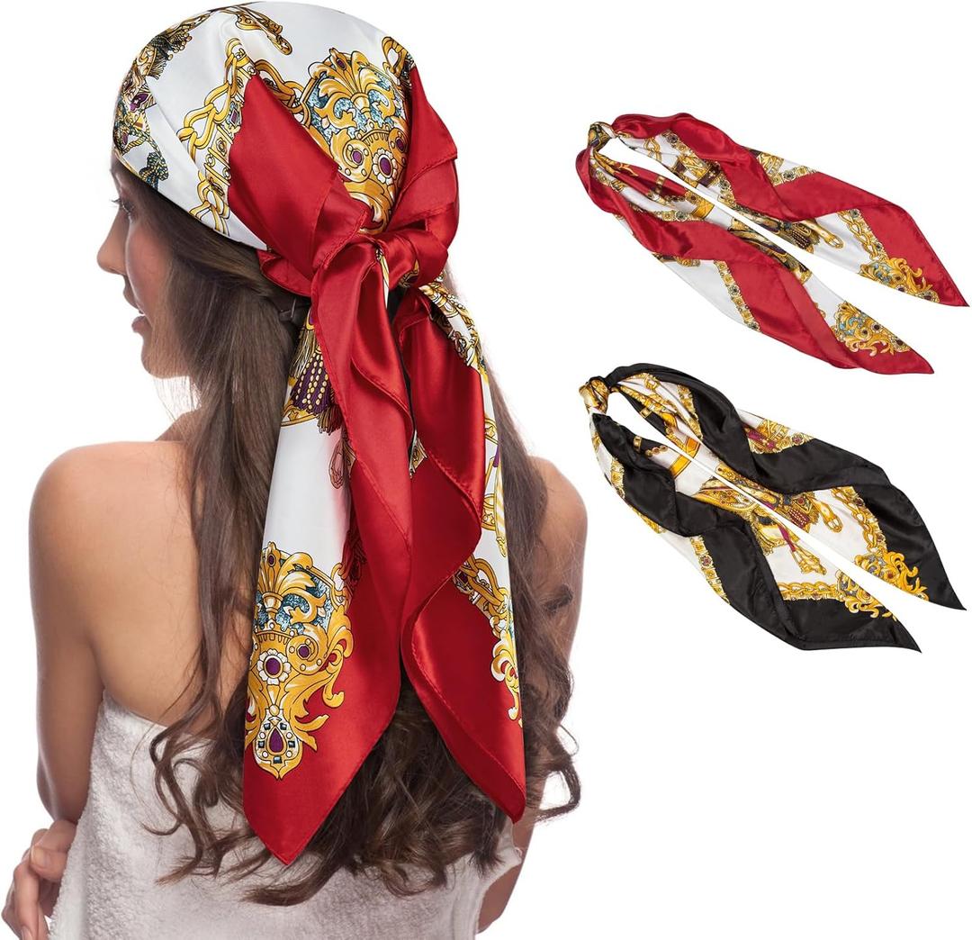 Senker Fashion 35" Head Scarf for Women, Pirate Costume Accessories Silk Red Bandana for Hair Wrapping and Sleeping (Black Red)