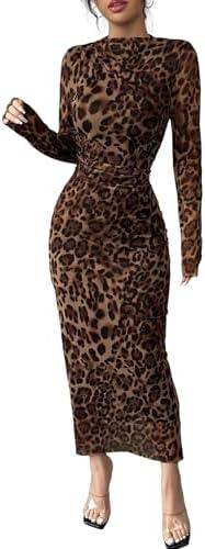 Narecte Maxi Dresses for Women Mesh Ruched Bodycon Long Sleeve Back Zipper Evening Party Dress Fall Dresses Medium