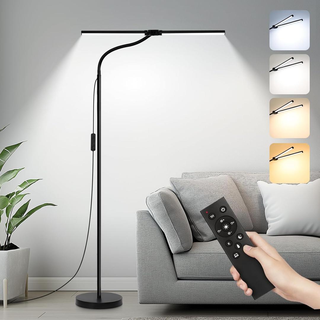 LED Floor Lamp with Remote Control, Bright 18W Floor Lamps for Living Room with Double Head, Adjustable Gooseneck Standing Lamp, Eye Caring Reading Light for Eyelash Extetions Craft Office