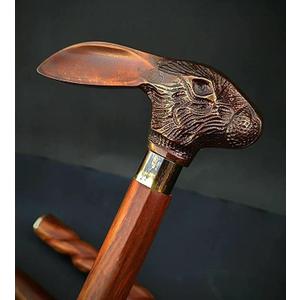 Copper Antique Bunny Head Handle Metal Jackrabbits Foldable Brass Handle Victorian Wooden Walking Stick Cane Ideal Vintage Gift Men Women Father/Mother