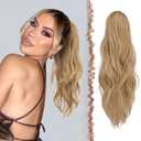FESHFEN Ponytail Extensions, Long Claw Clip in Ponytail Hairpiece Synthetic Pony Tails Hair Piece Natural Wavy Hairpieces for Women, 20 inch Blonde & Ash Blonde Mixed