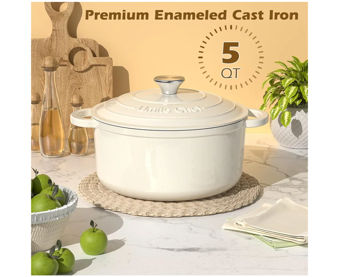 Enameled Cast Iron Dutch Oven - Umite Chef 5QT Pot with Lid - Heavy-Duty Cookware for Bread Baking, Braising, Stews, Roasting(Cream White)