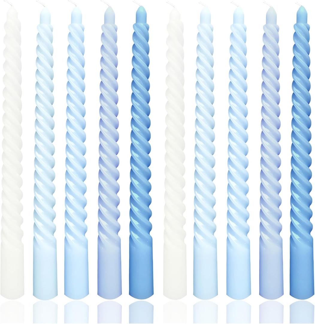 10 Inch Gradient Blue Spiral Taper Candle Set, 10 Pack Unscented Dripless Candlesticks for Dinner Party Brithday Wedding and Home Decoration