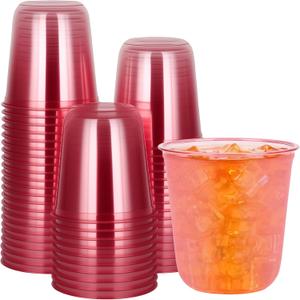 50Pcs Pink Plastic Cups Dome Clear Disposable Party Cup 12oz Cold Coffee Beverage Snacks Wine Glasses for Halloween Graduation Birthday Xmas Party Holiday Gatherings (Pink, 12oz)