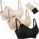 HOFISH 3PACK Full Bust Seamless Nursing Maternity Bras Bralette S-XXL with Extra Bra Extenders & Clips (Large, 3pack: Pink/Black/Beige)