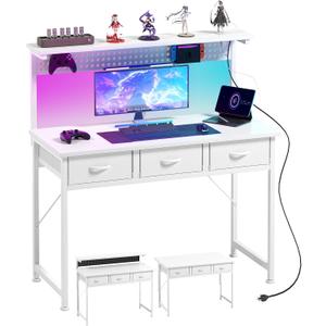 MUTUN Computer Desk with Drawers, 40 Inch Computer Desk with Power Outlet & LED Light, Gaming Desk with Adjustable Monitor Stand & Pegboard, Modern PC Study Writing Table for Bedroom, White