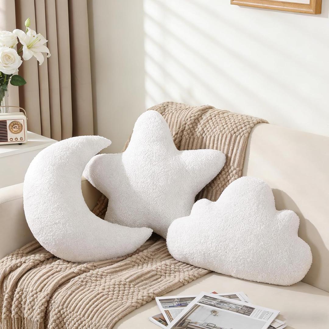 Cumule 3 Pcs Cloud Moon Star Throw Pillows 16 Inch White Soft Plush Pillow White Boho Nursery Decor for Couch Bed Sofa, Kids Room & Bedroom Aesthetic Decor