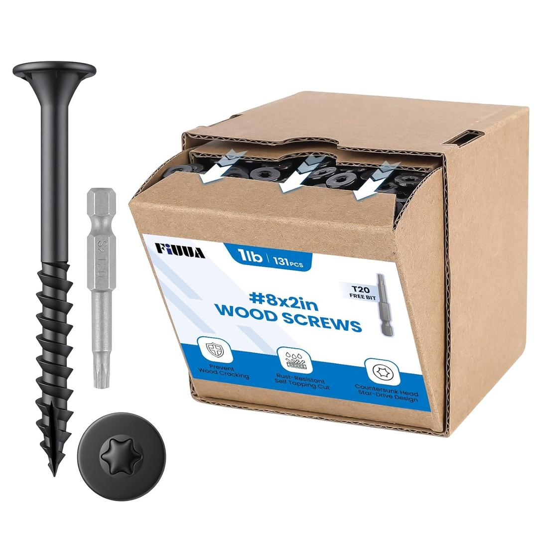 #8 x 2 Deck Screws, 1LB Star Drive Wood Screws, 131Pcs Rust Resistant Timber Screws for Timber/Log/Landscaping Wood, T20 Star Bit Included, Black