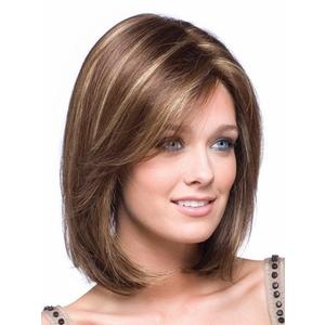 SEVENCOLORS Short Brown Mixed Blonde Bob Wigs for White Women Shoulder Length Synthetic Hair Wigs with Side Bangs Straight Blonde Highlights Womens Bob Wig
