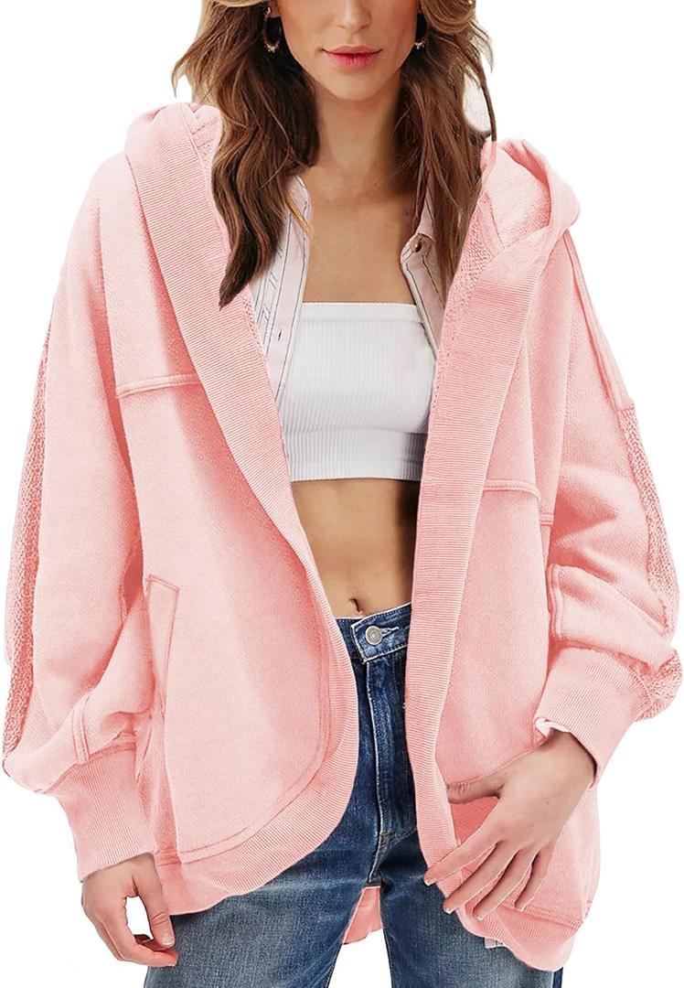 Women Oversized Hoodie Cardigan Jacket Casual Open Front Raglan Sleeve Sweatshirt 2026 Outfits with Pockets (Pink, XL)