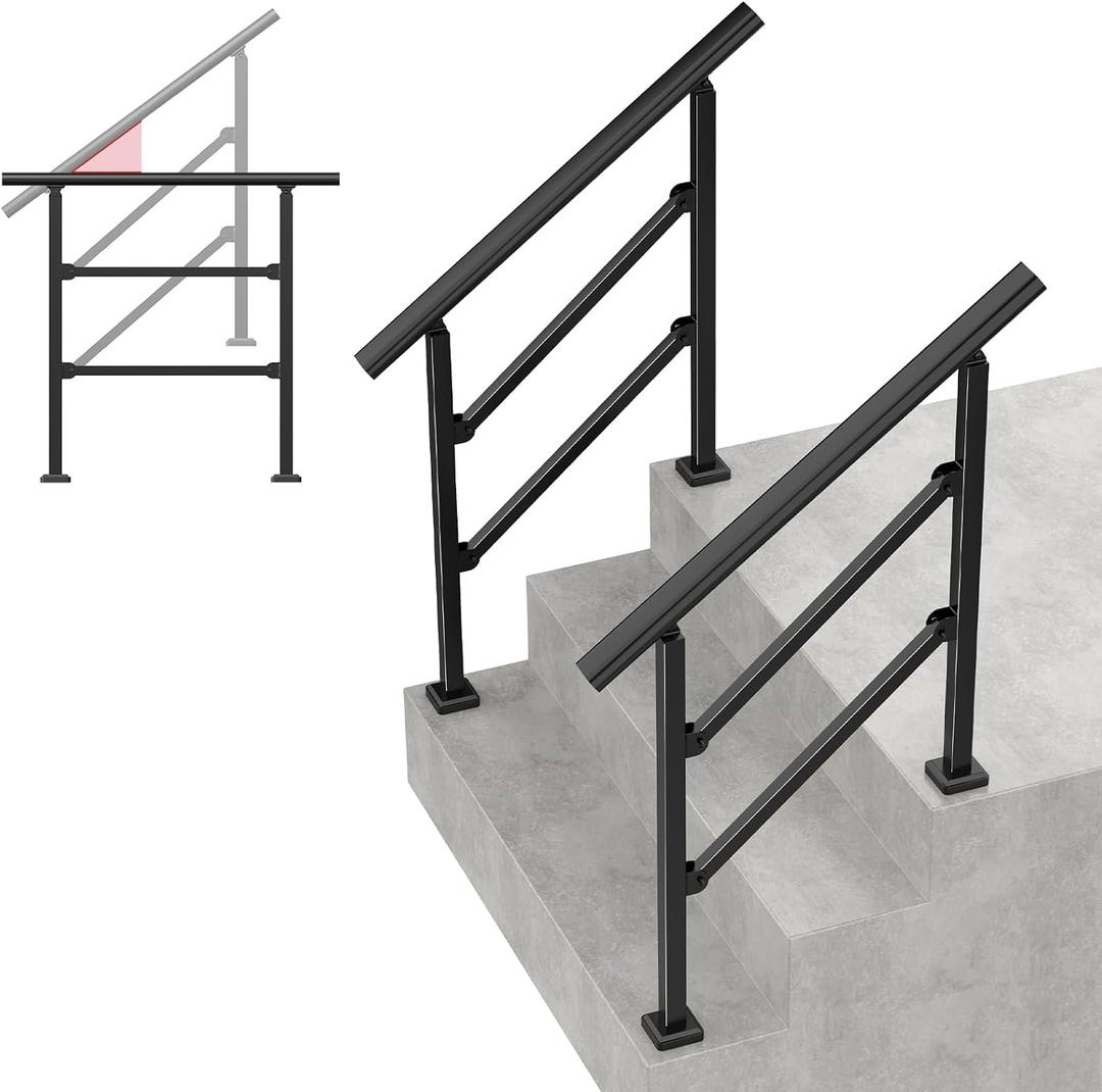 2 Pack Handrails for Outdoor Steps, Black Stair Handrail Fit 1-3 Steps