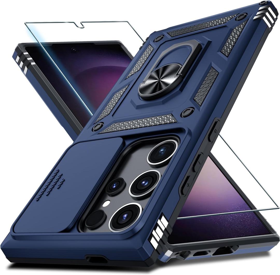 Janmitta Compatible with Samsung Galaxy S25 Ultra Case Built in Slide Camera Lens Cover+Screen Protector+Finger Ring Holder Kickstand,Heavy Duty Shockproof Full Body Phone Cover,2025 Blue