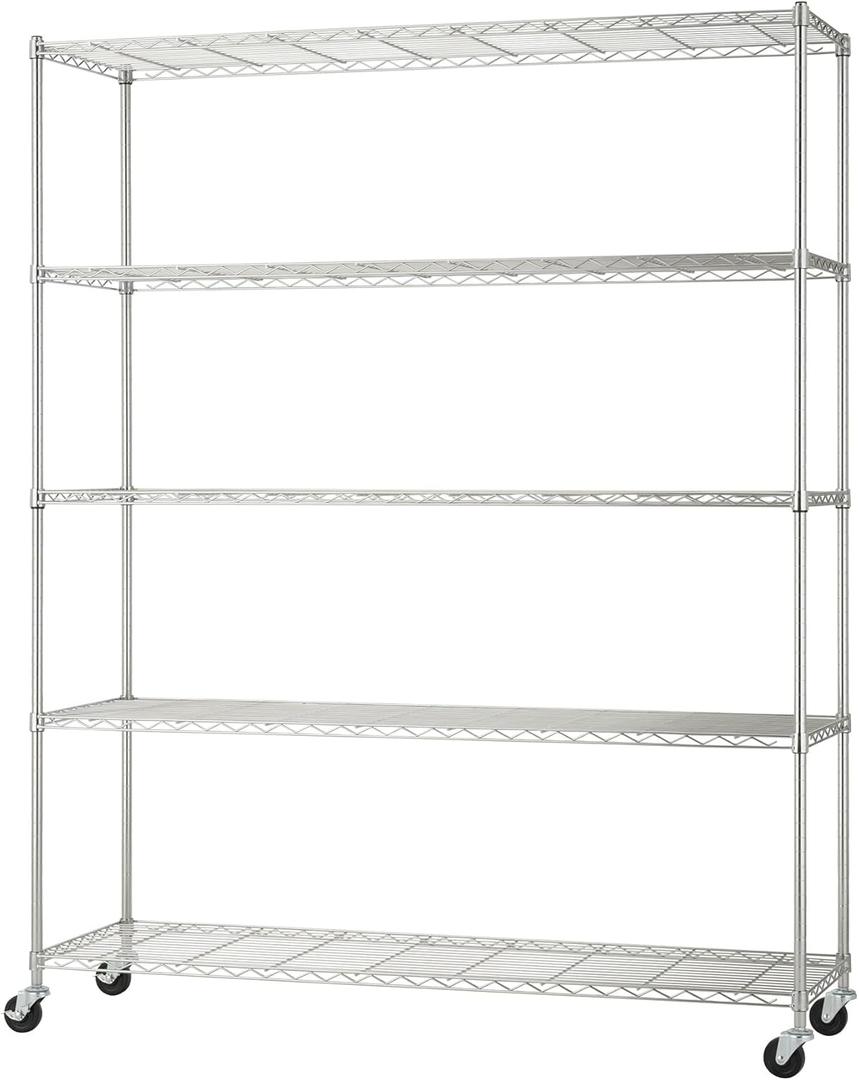 5-Tier Adjustable Wire Shelving with Wheels, Wire Shelf Rack for Kitchen Organization, Garage Storage, 500 to 2500 Pound Capacity, NSF Certified, 60 x 18 x 72, EcoStorage Chrome