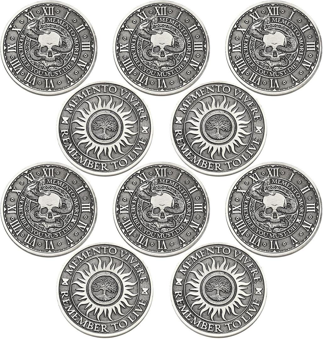 Misdary 10 Pcs Memento Mori Coin Memento Vivere Reminder Token Metal Skull Challenge Coin Medallion Stoicism Gift Challenge Stoic Reminder Pendant for Daily Practice Stoic (Silver Style)