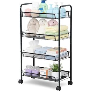 LOFTEY 4 Tier Rolling Storage Cart, Small Metal Utility Cart on Wheels, Rolling Organizer Carts for Kitchen, Bathroom, Laundry Room, Office, Easy No-Tool Assembly, Black