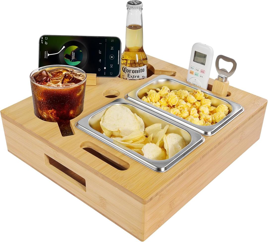 IKER Couch Cup Holder Tray, Wooden Couch Console Caddy, Snack Fruit Tray for Bed Sofa Car Organizer, Rotatable Phone Holder, Anti-Spill Sofa Cup Holder for Drinks, Snacks, Remotes