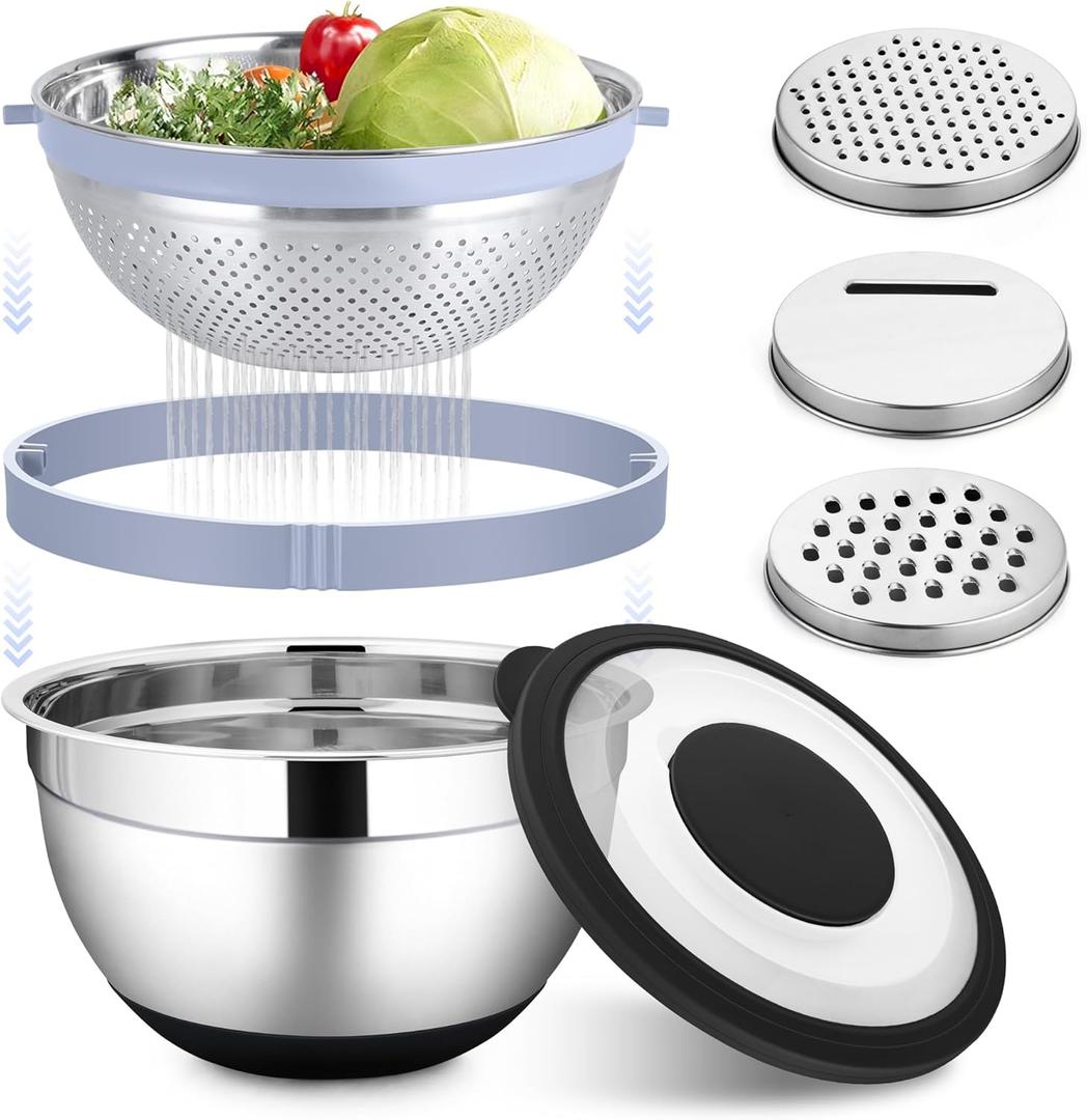 HaWare Mixing Bowl with Colander, 4-1 Stainless Steel Bowl Set with Lids & 3 Pcs Nesting Graters, Rotatable Food Strainer for Rinsing Fruits Vegetables, Non-Slip Bottom, Black