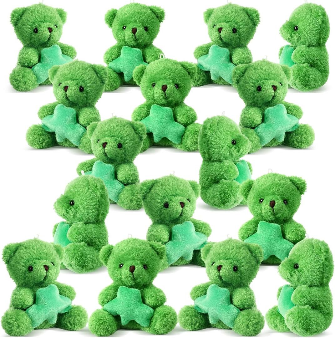Liliful 20 Pcs St. Patrick's Day Stuffed Animals Bears Bulk Gifts Mini Soft Plush Bear Toys 4 Inch Small Cute Stuffed Toy with Shamrock Mini Throw Pillow for Irish St Patricks Day Gifts Party Favor