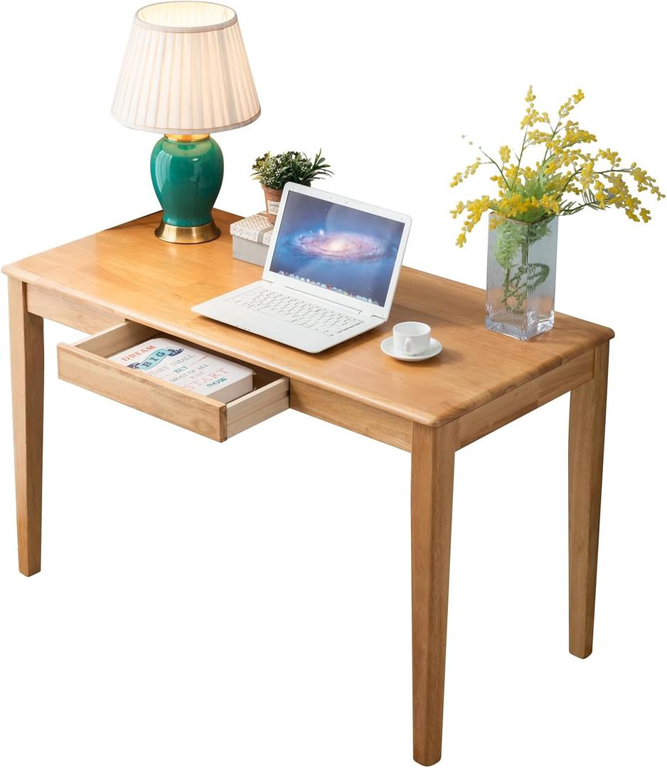 Solid Wood Desk with Drawer, Wooden Home Office Desk for Work, Student Computer Desk for Small Spaces, Gaming Study PC Desk for Bedroom, Easy to Assemble (Teak Color 39 inch), 39 inches x 24 inches x 30 inches
