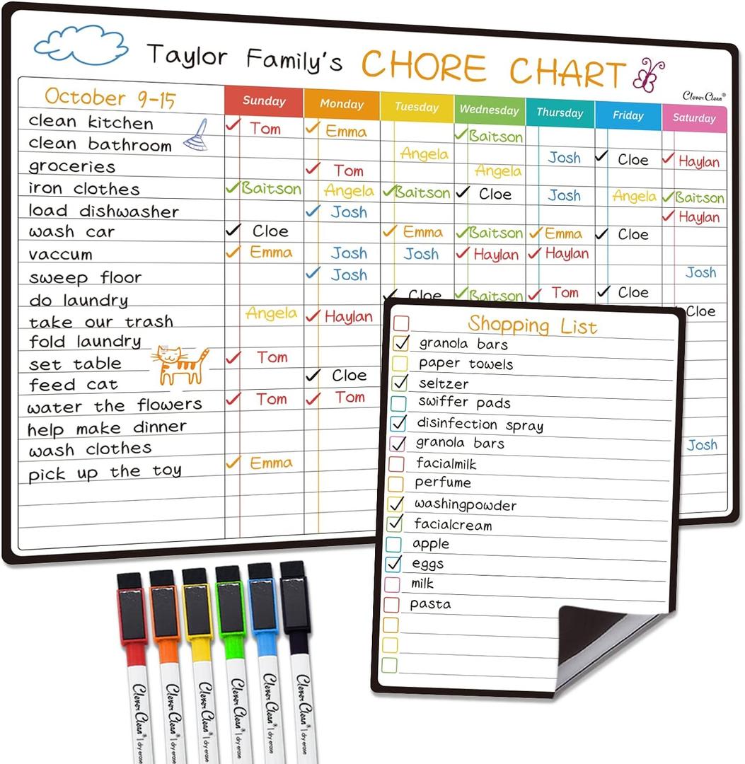 Magnetic Dry Erase Chore Chart - 14.5"x11" Chore Chart for Kids, Teens and Adults - 6.5"x8.5" List Board for Fridge - 6 Extra Fine Point Markers Included - Shipped Flat