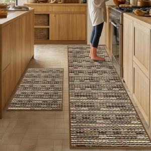 Kitchen Rugs Sets of 2-Non Slip Kitchen Mats for Floor-Thick Stain Resistant Vintage Kitchen Floor Mat Runner Carpet for Hallways Entryway Laundry Room WashableBrown 24"x70"+24"x35"