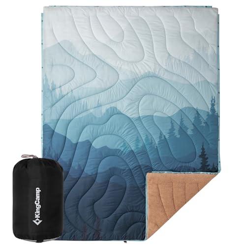 KingCamp Large Camping Blanket with Sherpa Lining, Packable Down Alternative Puffy Printed Wearable Blanket with Snap Buttons, Warm Weatherproof Quilt for Outdoor Travel (79" L x 57" W, Cyan)