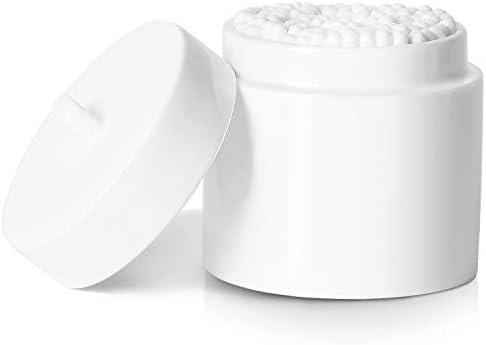 LEETOYI Ceramic Cotton Swabs Holder Organizer with Lid,Storage Canisters for Cotton Swabs,Cotton Balls,Makeup Sponges, Hair Ties,Bath Salts, and Easy To Clean (White), 2 Pack