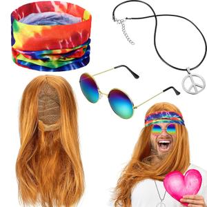 WILLBOND 4 Pieces Hippie Costume Set, Wig Peace Sign Necklace Sunglasses and Tie Dye Headband Pride 60s 70s Accessories(Straight Hair,Golden Brown)