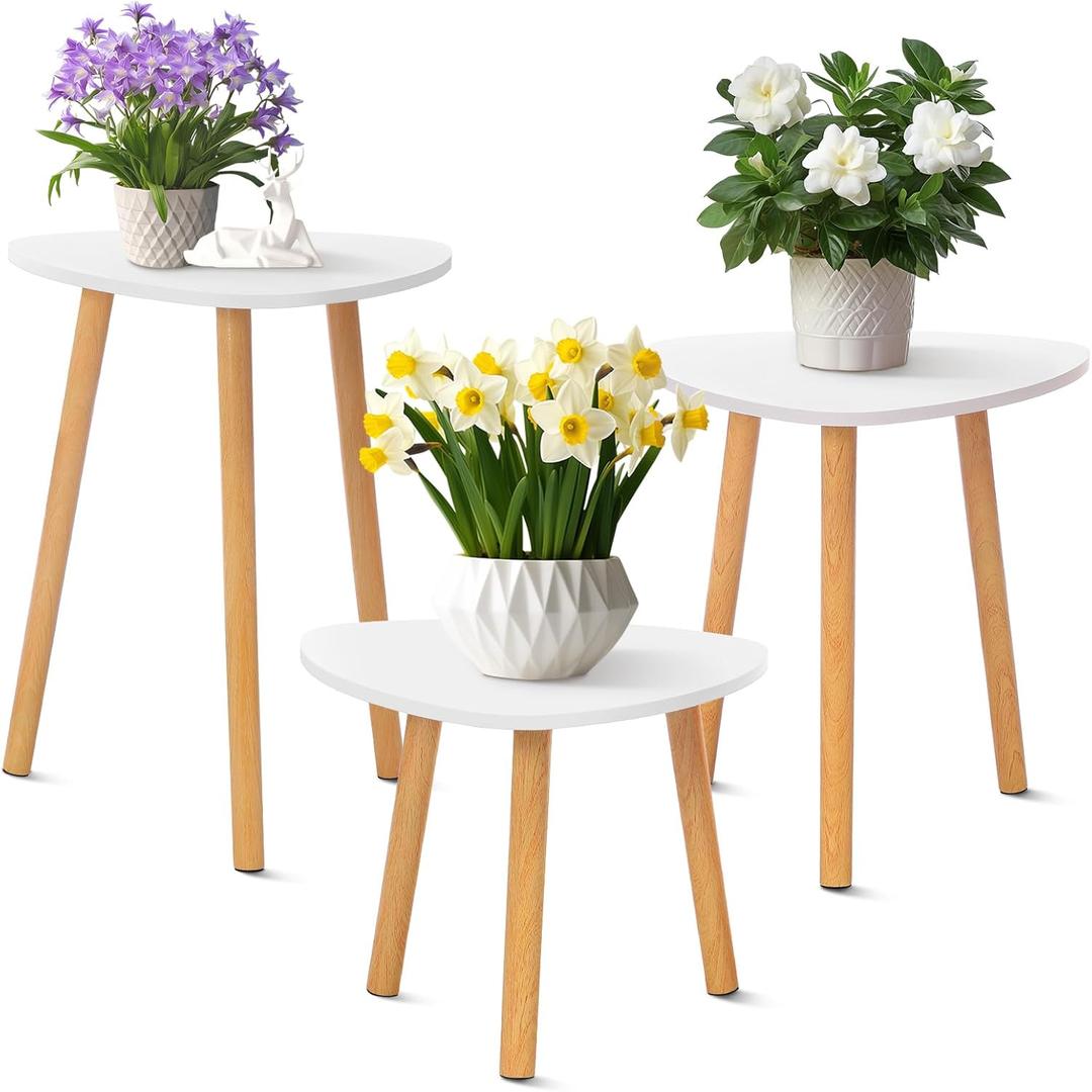 3 Pcs Indoor Plant Stand 3 Size Wood Mid Century Plant Holder for Flower Pots Modern Home Decor Triangle Small Side End Table(White,12.6",16.5",20.5")