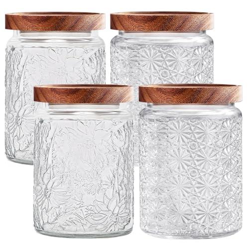 yoqelt Vintage Glass Jars with Wooden Lids, 4 Pack 24 oz Airtight Glass Food Storage Containers Sets for the Kitchen, Sugar Coffee Candy Spice Cookie Tea Pasta