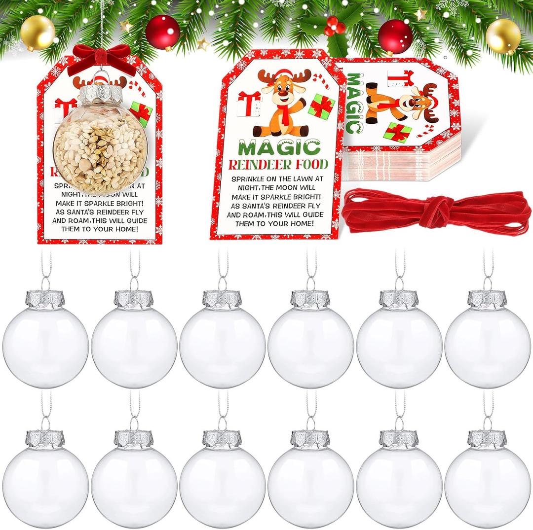 12 Pcs Christmas Magic Reindeer Food Gift for Christmas Eve 50 Card Tags Clear Plastic Jar with Ribbon Magic Reindeer Food Kit Present for Giving Cookie Candy Stocking Filler Party Favor