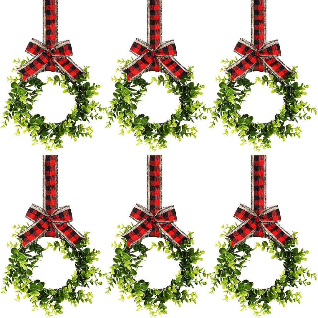 Yilloog 6 Pcs Christmas Kitchen Cabinet Wreaths Decorative Boxwood Wreaths with Ribbon Artificial Greenery Farmhouse for Decorating Front Door Window Party(Red Black Plaid with Linen)
