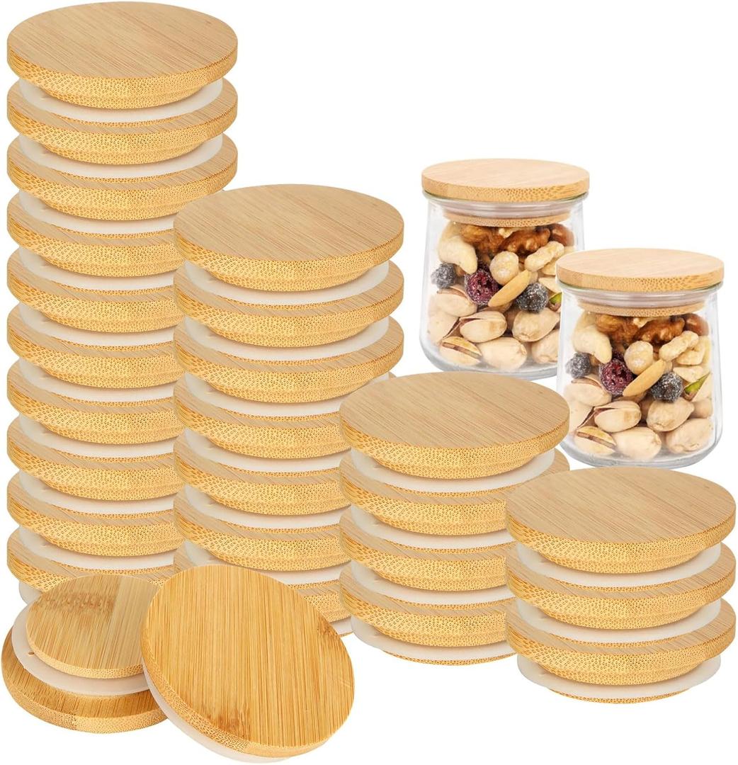MIVIDE 24 Pack Yogurt Jar Lids Set, Natural Bamboo Oui Yogurt Jar Lids with Silicone Sealing Ring, Reusable Wooden Jar Lids for Mugs and Jars