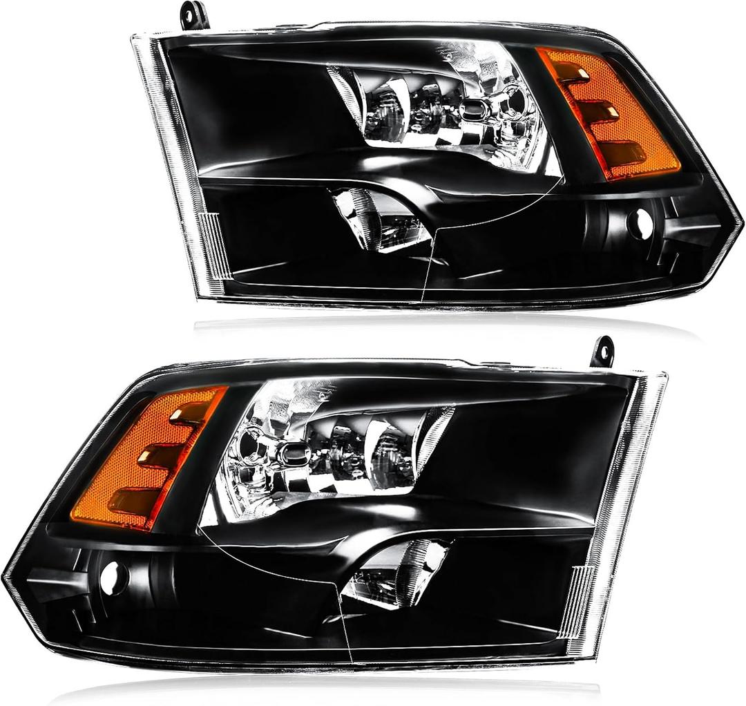 Headlight Assembly, Compatible with 2009-2018 Dodge Ram 1500/2010-2018 Ram 2500 3500 4500 5500(Only fit factory quad beam halogen headlights) Black Housing Amber Reflector