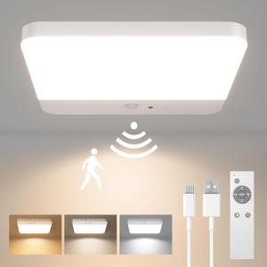 FULEN Motion Sensor Ceiling Light Fixture, Cordless Closet Light Battery Operated, Rechargeable Magnetic Mount LED Shower Light for Bathroom,Stairs,Garage,Hallway,3 Color Temperatures,Remote Control (1 Pack, White)