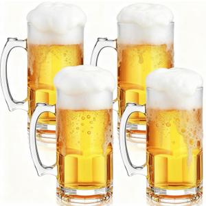 Set of 4 34 oz Extra Large Beer Mugs with Handles Glass German Clear Tall Heavy Beer Cups Steins Mugs Pint Weizen Glasses for Freezer Coffee Drinking Tea Water Cocktail Alcohol Beverages Pub