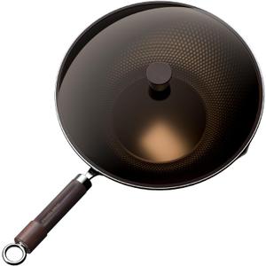 Carbon Steel Wok Pan, Tripole Nitrided Pre-Seasoned Flat Bottom Woks & Stir-Fry Pans Nonstick, Chinese Wok with Glass Lid for All Stovetops, Gift for Chef - 11.8 Inch