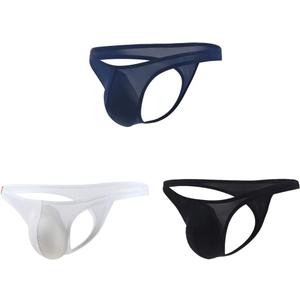 Mens Sexy T-Back Thongs Low Rise Underwear Bulge Pouch Ice Silk Briefs (Medium, 3 Pack: Black, White, Navy Blue)